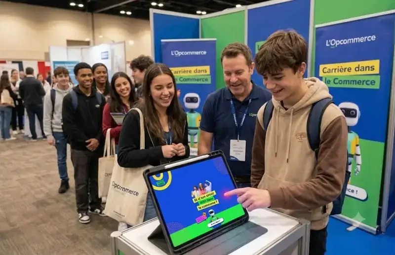 Jeune utilisant la tablette match·métier sur un stand L’opcommerce